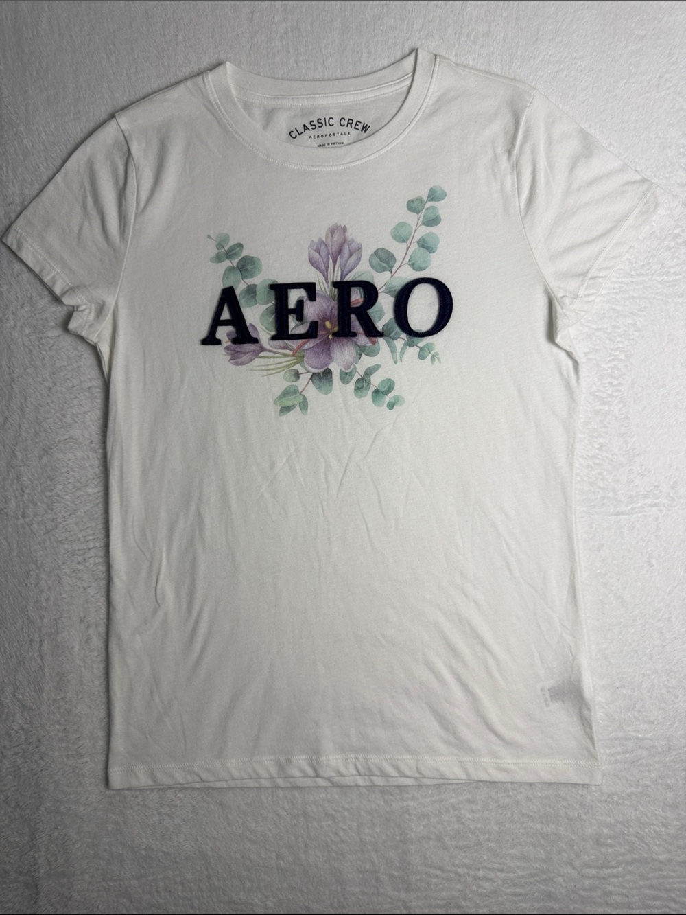 AERO Floral Logo Crewneck Tee - White with Green & Purple Floral Size Large
